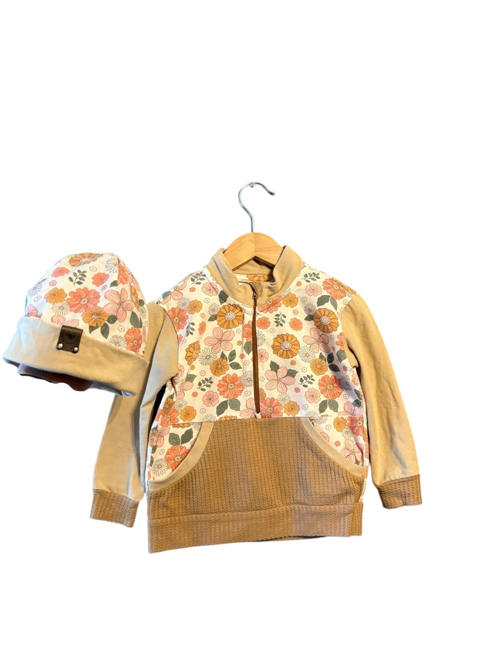 Kids Floral Quarter-Zip Hoodie with Matching Hat - Cream & Tan